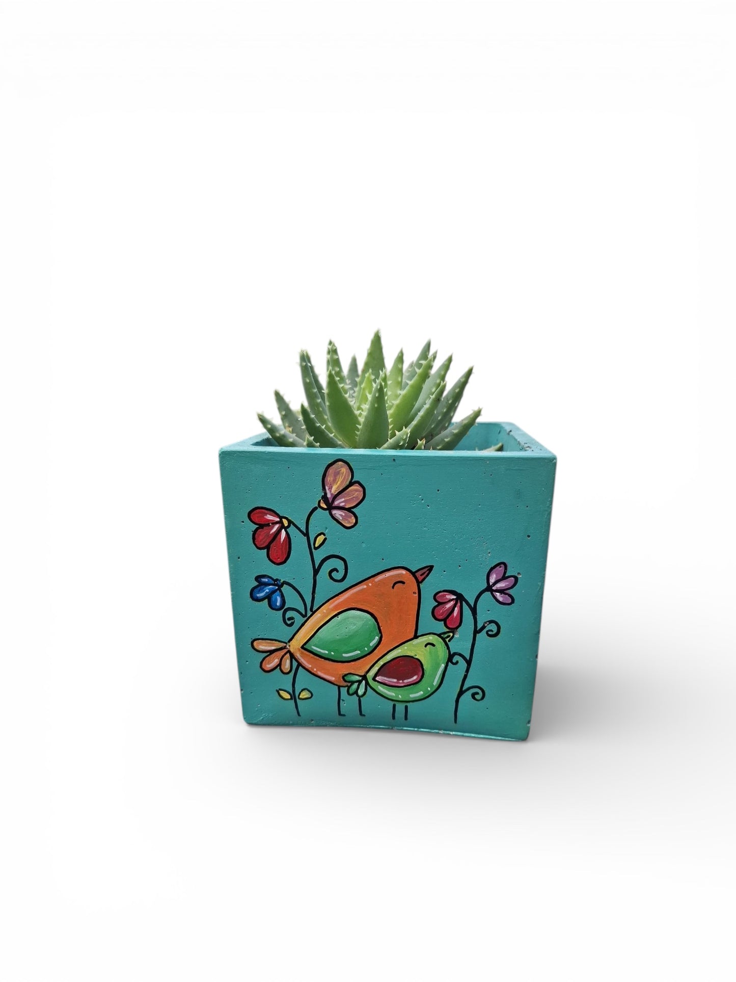 Maceta Artística Hormigón - Diseño Pájaros Turquesa - 12x12x12cm