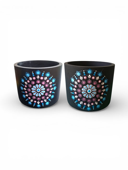 Maceta Artística Hormigón - Diseño Mandala Azul y Rosa - 15x12cm